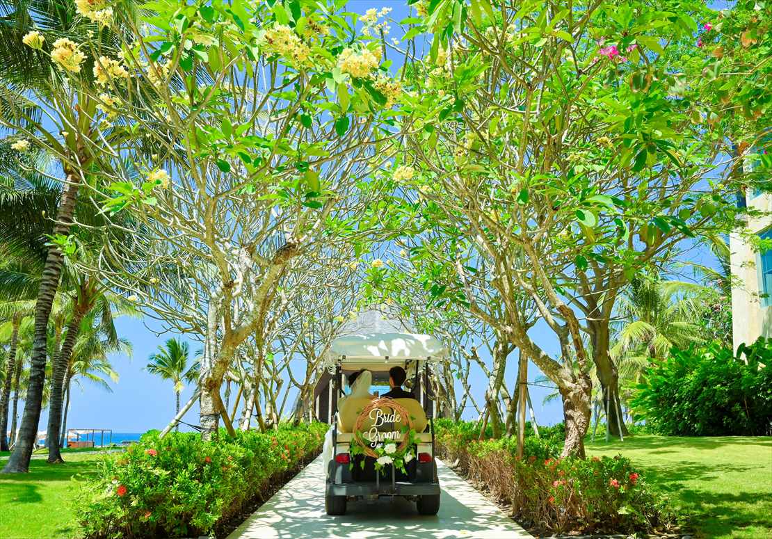 バリ島ウェディング　アーチ状の樹々がバギーを迎える